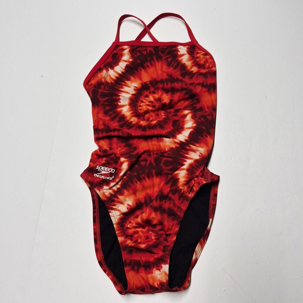 Speedo Endurance+ Swimsuit Sz 28 Red Tie Dye Crossback One Piece Swim Practice